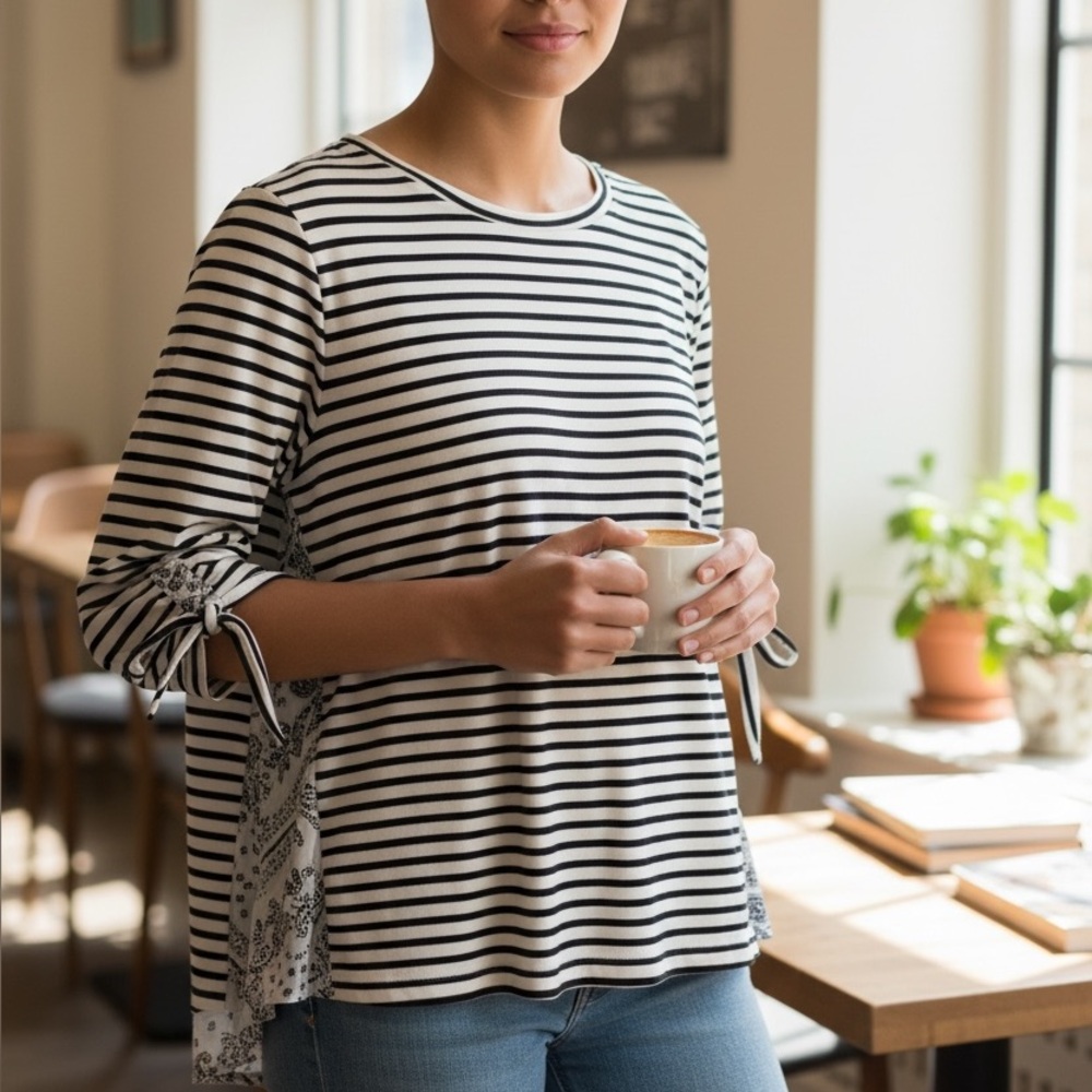 51. Doe & Rae Women’s 1X striped top Black & White Bohemian NWOT